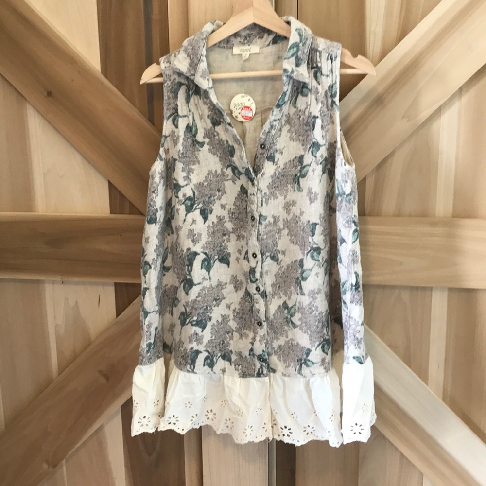 Linen blend sleeveless tunic tank ruffle lace trim